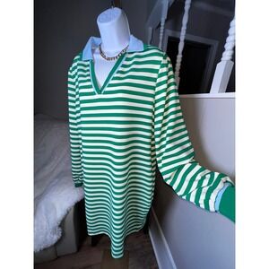Women's XL Dress Green White Striped with Blue Trim V Neck Long Sleeve Pockets